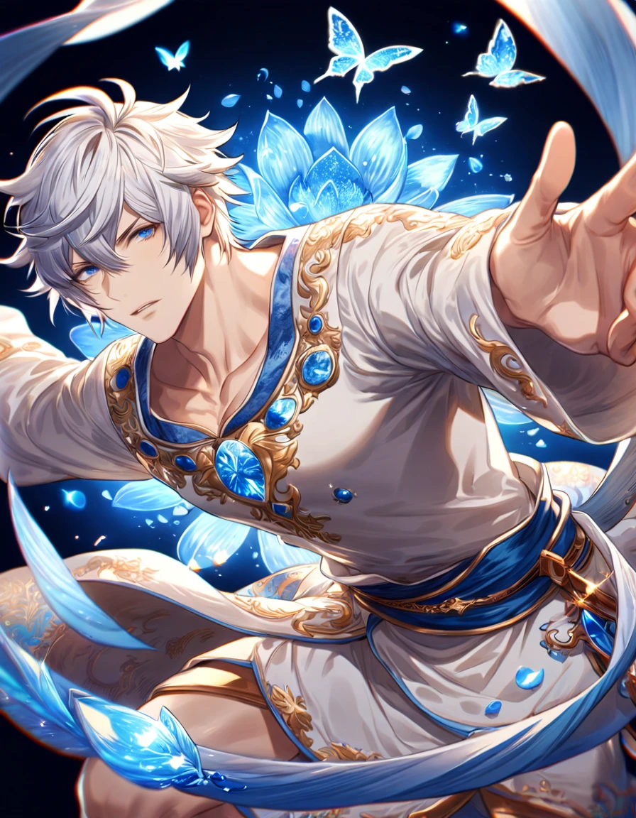 absurdres, highres, ultra detailed, HDR, master piece, best quality, Lucilius, white hair, expressive blue eyes, granblue fantasy, solo, sexy man, handsome, white tunic, patterns, magical, fantasy, blue background, blue lotus, shining, blue petals, blue sparkling butterflies