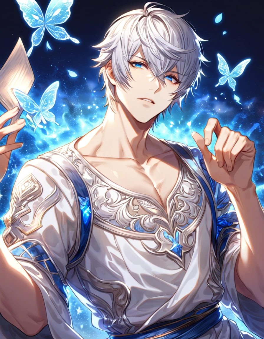absurdres, highres, ultra detailed, HDR, master piece, best quality, Lucilius, white hair, expressive blue eyes, granblue fantasy, solo, sexy man, handsome, white tunic, patterns, magical, fantasy, blue background, blue lotus, shining, blue petals, blue sparkling butterflies