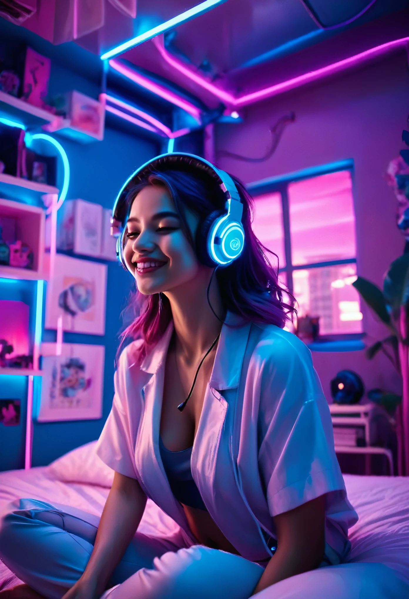 image of a beautiful girl with a beautiful smile and closed eyes sitting in the lotus position on the bed inside an apartment bedroom with pink and blue neon lights and a window that shows buildings outside, She wears headphones over her ears and is facing the window