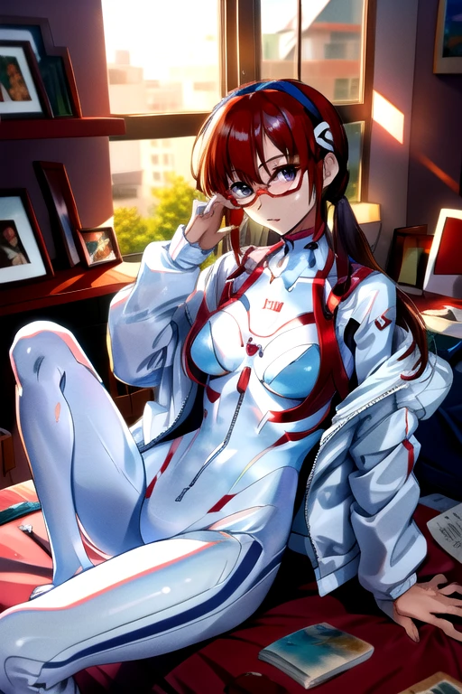 masterpiece,highest quality,One girl,Mari Illustrious Makinami,hair band,Red frame glasses,White bodysuit,Open jacket,Sitting,indoor,Bedroom,SF,Cowboy Shot,