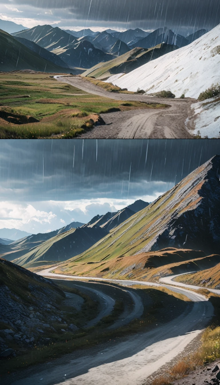 (8K, RAW photos,best quality,masterpiece: 1.4), (((The moderate rain is pouring down)))，Ultra-high resolution, Extremely detailed, light, Raindrops close-up,soil,High-quality shadows,Natural Lighting, (white highlights:1.2),daytime, cloudy day, (Rugged mountain roads:1.2),（unmanned：1.2）