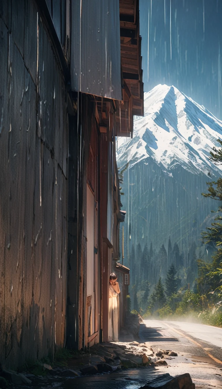 (8K, RAW photos,best quality,masterpiece: 1.4), (((The moderate rain is pouring down)))，Ultra-high resolution, Extremely detailed, light, Raindrops close-up,soil,High-quality shadows,Natural Lighting, (white highlights:1.2),daytime, cloudy day, (Rugged mountain roads:1.2),（unmanned：1.2）