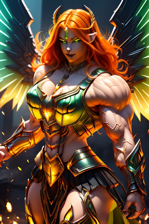 ((((Massive, beautiful, buff, pale white skinned muscular dark angel woman with orange hair, black lipstick, glowing green eyes, huge black angel wings, ginormous bulky muscles and wearing a beautiful black angel futuristic armor with pleated skirt)))), {close view}, massive muscles, massive biceps, hyper muscle shoulders, massive muscle arms, vascular shoulders, hyper muscle triceps, huge angel wings, (long shaggy hair), pleated skirt, green eyes, choker, angel gauntlets, on top of a dark skyscraper in a burning City, confidant smile, hyper muscles arms, hyper muscle legs, (massive arms).