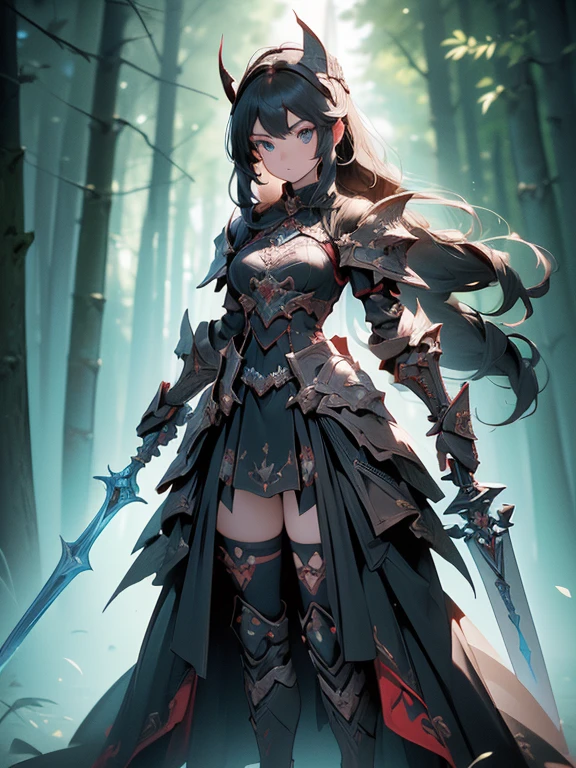 (((masterpiece, best quality, high detailed, 8k))) Design a layout showcase Gaming character, (1girl). Red|Black clothes, stylish and unique. ((showcase weapon:1.4)), enchanted sword. (masterpiece:1.2), (best quality), 4k, ultra-detailed. (Step by step design, layout art:1.5), (luminous lighting, atmospheric lighting). warrior, ((glove full hands)), (((revealing clothes:1.3))), vambraces, armored legwear, (((full_body_shot:1.4))). {In a mystical forest}.(((3d render, zbrush)))