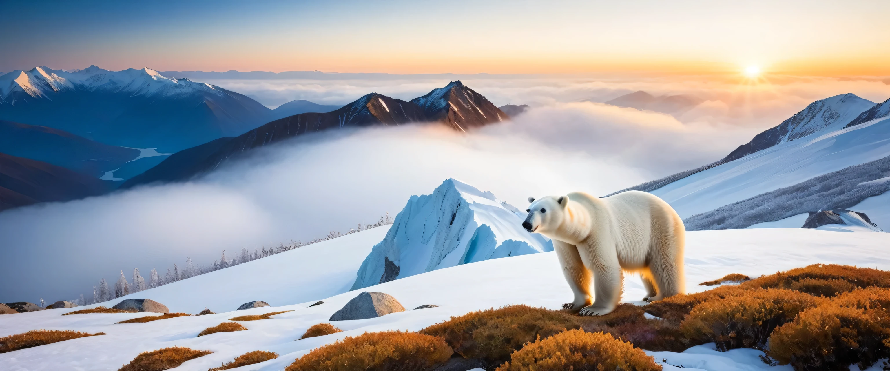 Polar Bear,Exquisite bear insurance,big eyes,Snow-white soft fur,Perfectly sharp four claws,（reality，Photo reality：1.3），masterpiece，Extremely exquisite and beautiful，high resolution，Original，Perfect lighting，（Extremely detailed CG：1.2），Unite，2k wallpaper，Amazing，Fine details,there is a Polar Bear standing on a snowy mountain top, Polar Bear in the far background, Image Source：National Geographic, Polar Bear, Mark Adams, Amazing scenery, award winning nature photo, in snowy mountains, Beautiful nature, Unsplash contest winning photos, Amazing natural scenery in the background, Max Reeve, National Geographic photo, Popular on 500px