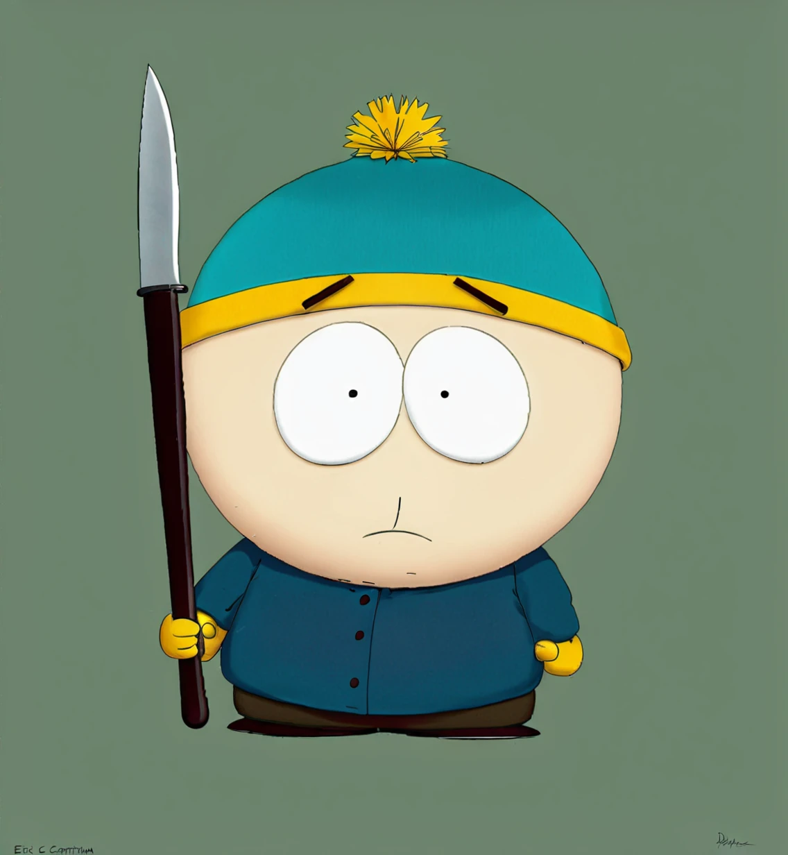 drawing of a cartoon character holding a knife and a flag, eric cartman, a character based on a haggis, angry character wielding a sword, eric cartman in real life, in style of south park, peterdraws, cartoon drawing, character with a hat, south park style, south park, mr. nimbus character design, character drawing