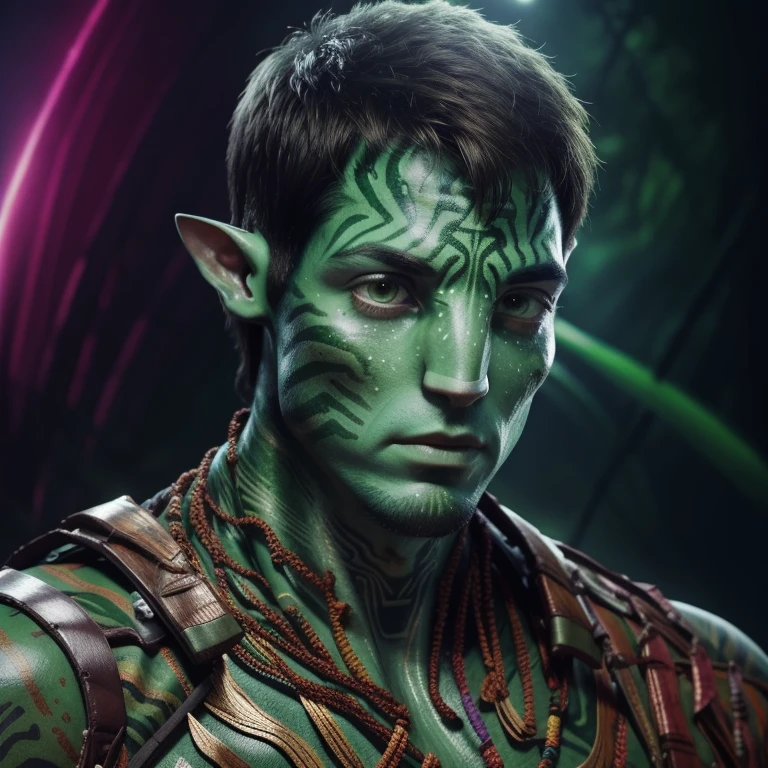 avatar style, (face portrait:1.6), naavi, 1boy, ((male)), (green eyes), ((big detailed alien eyes:1)), ((eyebrowless)), ((pointy ears)), (green skin tone:1.0), (straight hair:1.0), brown hair color, ((long messy hair)), (young adult), 18 years old, face wrinkles, ((wearing colorful tribal clothing)), (wearing tribal acessories), detailed eyes, toned body, muscled body, vibrant colors, glowing, ethereal atmosphere, surrealistic dreamy lighting, textured skin, otherworldly beauty, mesmerizing photography, (best quality, highres), vivid colors, ultrarealistic, skin details, striped skin, sfw, face close-up:0.5, ultradetailed body, ((forest green skin)), dark background, night time, intricatedetails