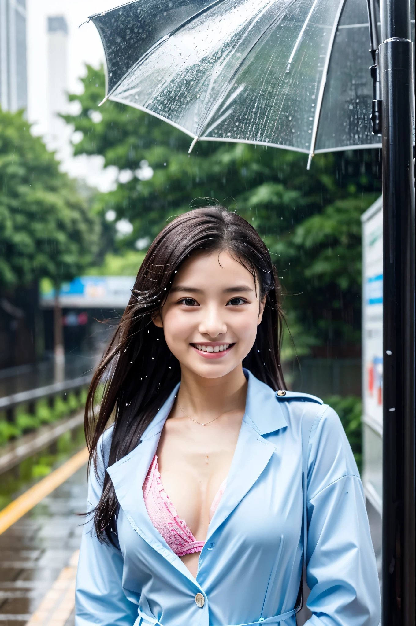 彼女はwhole bodyが雨で濡れながら雨の空を見上げている、彼女は傘がないのでwhole bodyが雨で濡れている、My hair got wet in the heavy rain, face and clothes soaked through.　Rain-soaked through face or dripping water　masterpiece、超High resolution、well done!、She has a very pretty face and is young like an idol.々Has a good figure.18-year-old Japanese female police officer、彼女は傘がないのでwhole bodyが雨で濡れている、彼女は傘がないのでwhole bodyが雨で濡れている、Gentle and cute、A gentle smile wet with rain、Police uniforms are bikini type, Show off your cleavage.、Breathe rain　soaked through　In the heavy rain、Walking on a city sidewalk in the daytime.　large size bust、whole body、Artistic、RAW Photos、Genuine、High resolution、Life、No copyright notice