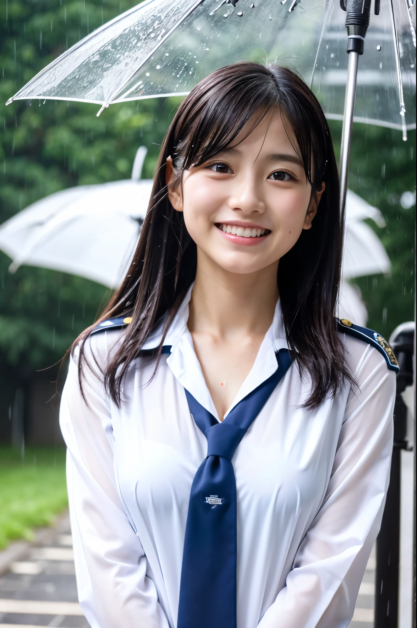 彼女はwhole bodyが雨で濡れながら雨の空を見上げている、彼女は傘がないのでwhole bodyが雨で濡れている、My hair got wet in the heavy rain, face and clothes soaked through. Rain-soaked through face or dripping water masterpiece、超High resolution、well done!、She has a very pretty face and is young like an idol.々Has a good figure.18-year-old Japanese female police officer、彼女は傘がないのでwhole bodyが雨で濡れている、彼女は傘がないのでwhole bodyが雨で濡れている、Gentle and cute、A gentle smile wet with rain、Police uniforms are bikini type, Show off your cleavage.、Breathe rain soaked through In the heavy rain、Walking on a city sidewalk in the daytime. large size bust、whole body、Artistic、RAW Photos、Genuine、High resolution、Life、No copyright notice