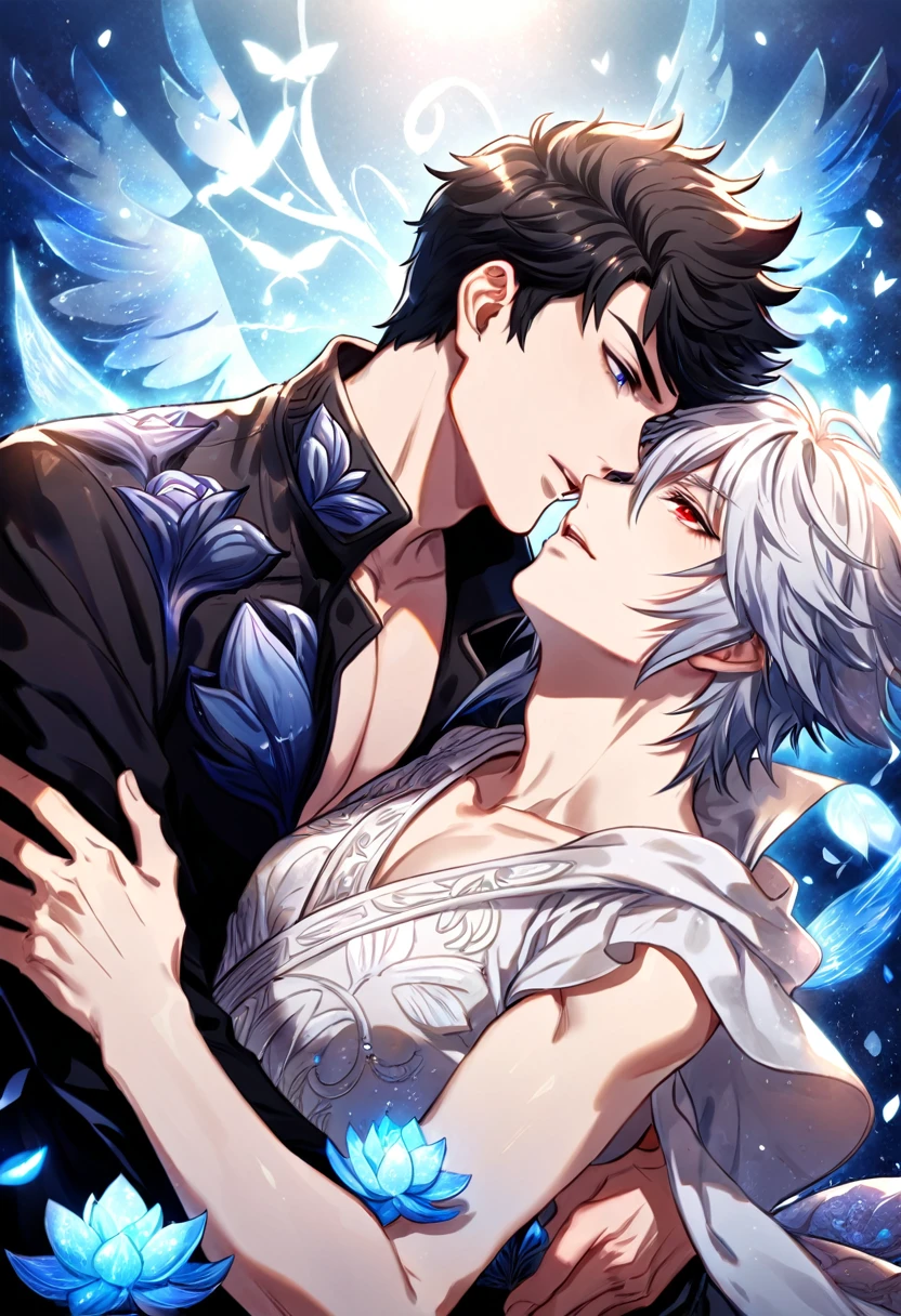 absurdres, highres, ultra detailed, HDR, master piece, best quality, Lucilius, white hair, expressive blue eyes, granblue fantasy, Belial, black hair, expressive red eyes, two men together, gay couple, yaoi, handsome, white tunic, black coat, patterns, magical, fantasy, blue background, blue lotus, shining, blue petals, blue sparkling butterflies
