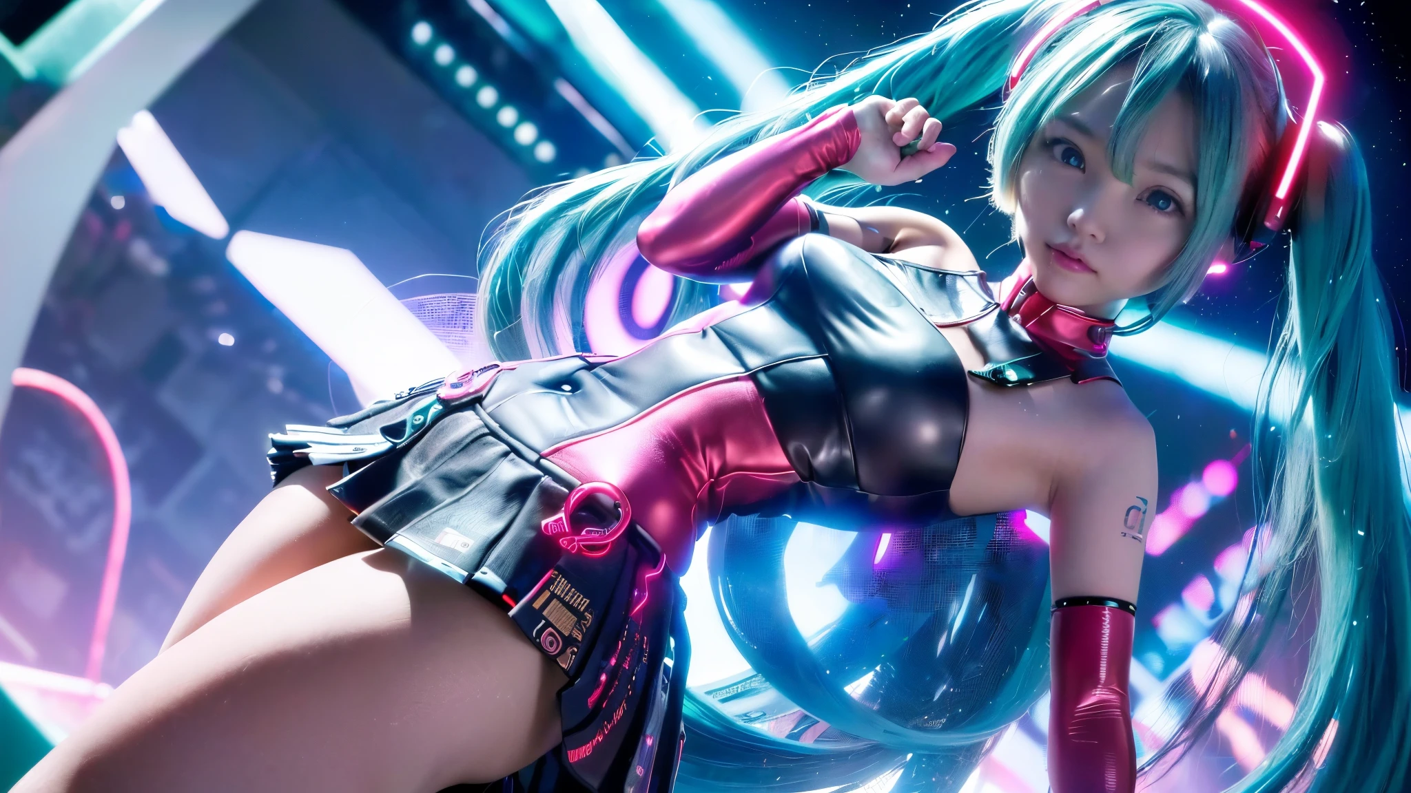 mais alta qualidade))、((Obra-prima)、mirai, ciberpunk、big buttocks、Ajoelhe-se、Electronic visor fixed to the face of a with emphasis on the buttocks、(miniskirt mostrando panties White:1.4) ,mirai red latex body,Modo ciberpunk、pose sexy、(Use leggings amarelas na parte inferior do corpo、aumento dos seios、(background Neon lights in the dark city at night:1.4),motor irreal:1.4,UHD,La Melhor qualidade:1.4, fotorrealista:1.4, textura da pele:1.4, Obra-prima:1.8,obra-prima, Melhor qualidade,(Beautiful and detailed description of the eyes),( ciborgue rosa neon),(Anatomia perfeita),(convexo ,Dedos detalhados),body ciborg mirai branco,(mirai:1.4), sexy gilr