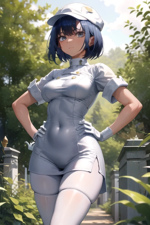 Aether Foundation Employee, White Pantyhose, Short sleeve, slit, White Hat, White gloves, From below, Put your hands on your hips, forest, Embarrassing, View Viewer, masterpiece, highest quality, High resolution, Nice hands, Perfect hands