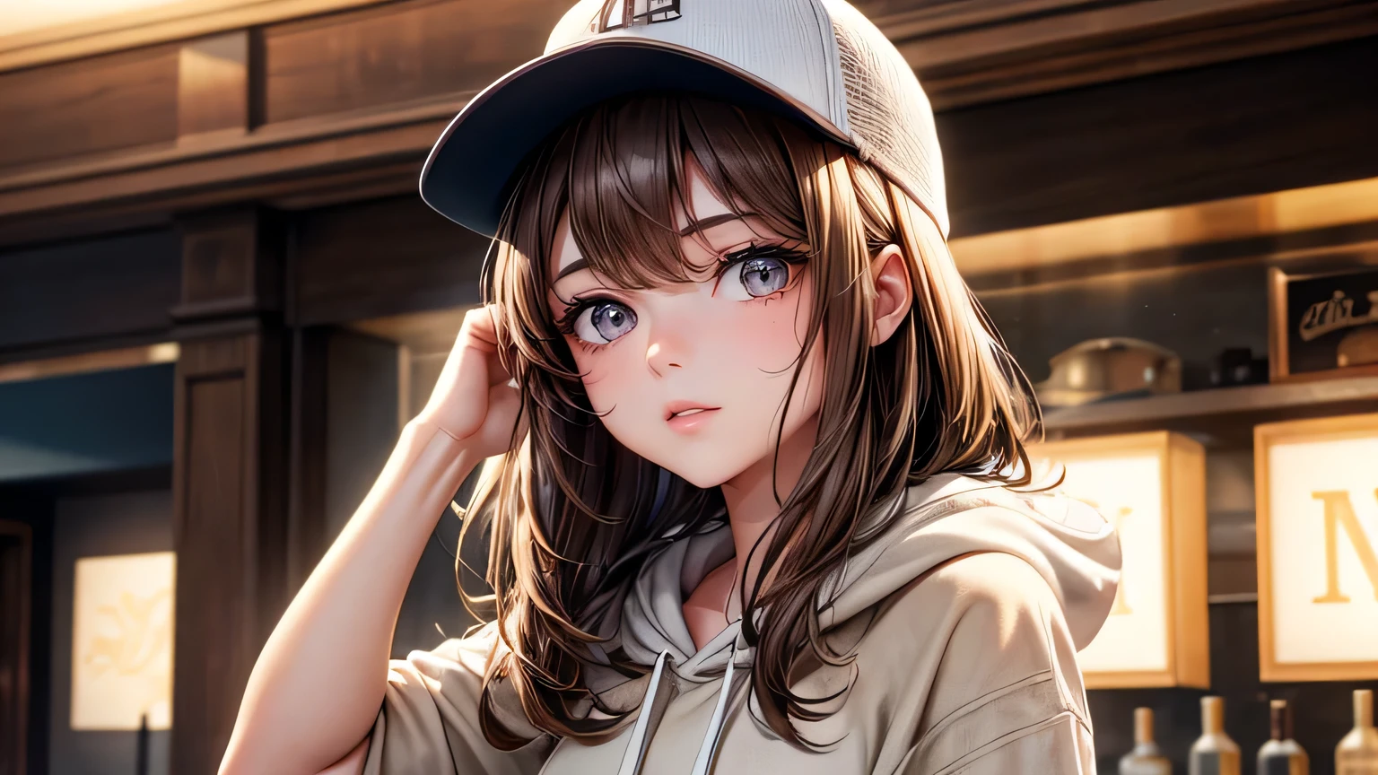 One adult woman : 1.3, Light brown hair: 1.2, , night: 1.2,In a fashionable bar: 1.1, Cinema Lighting, Ultra-high resolution, Accurate, Super detailed, Textured skin, High detail, highest quality, 8k,Thin bangs,Upper Body,Thick body, Well-drawn eyes,Fashionable hoodies,plain baseball cap,Detailed hair depiction,Detailed depiction of eyes,Detailed depiction of hair,