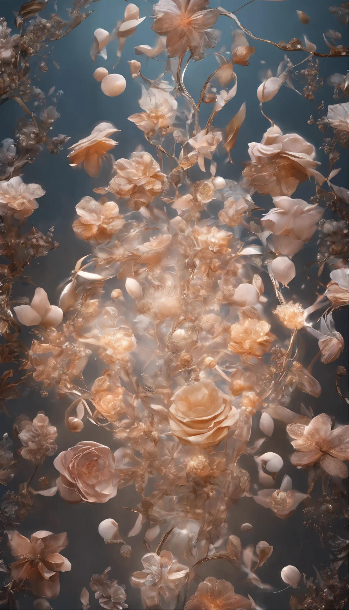 moon,moonlit night,All expressed with jewels, the arrival of spring,waterfall,fantastic scenery, transparency, angles looking up from below, various jewels falling from the sky, wonderful and beautiful superb view, slightly hazy, fantastic, high resolution, 8K, (best quality, highres, realistic:1.37), shiny metallic flowers, intricate and delicate petals, reflective surfaces, vibrant colors, intricate details, close-up view, surreal garden, surreal beauty, dreamy atmosphere, fine art, abstract botanicals, metallic sculpture, contrasting textures, ethereal glow