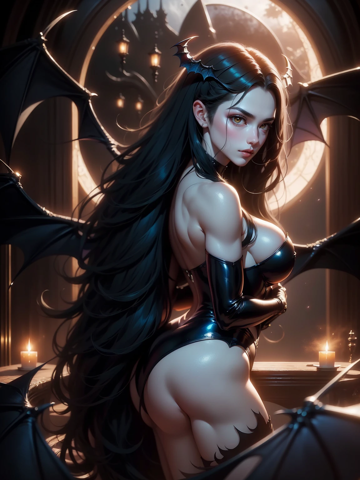 (masterpiece, top quality, best quality, official art, beautiful and aesthetic: 1.2), (1 woman: 1.3) Succubus girl, long black hair, yellow eyes, succubus wing, attractive, moonlight, dinamic poses