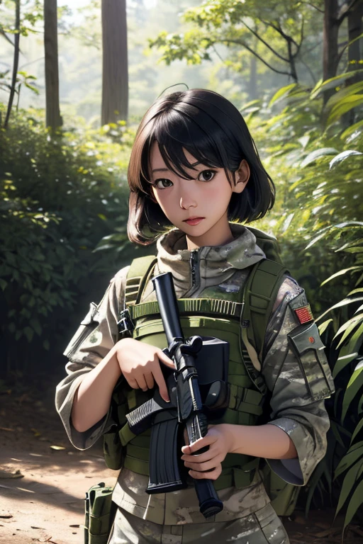 survival game、Camouflage、survival gameのフィールド、A beautiful girl is holding a rifle、head to waste、