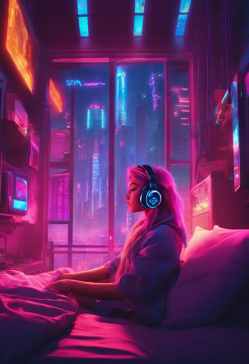 image of a beautiful girl with a beautiful smile and closed eyes sitting in the lotus position on the bed inside an apartment bedroom with pink and blue neon lights and a window that shows buildings outside, She wears headphones over her ears and is facing the window