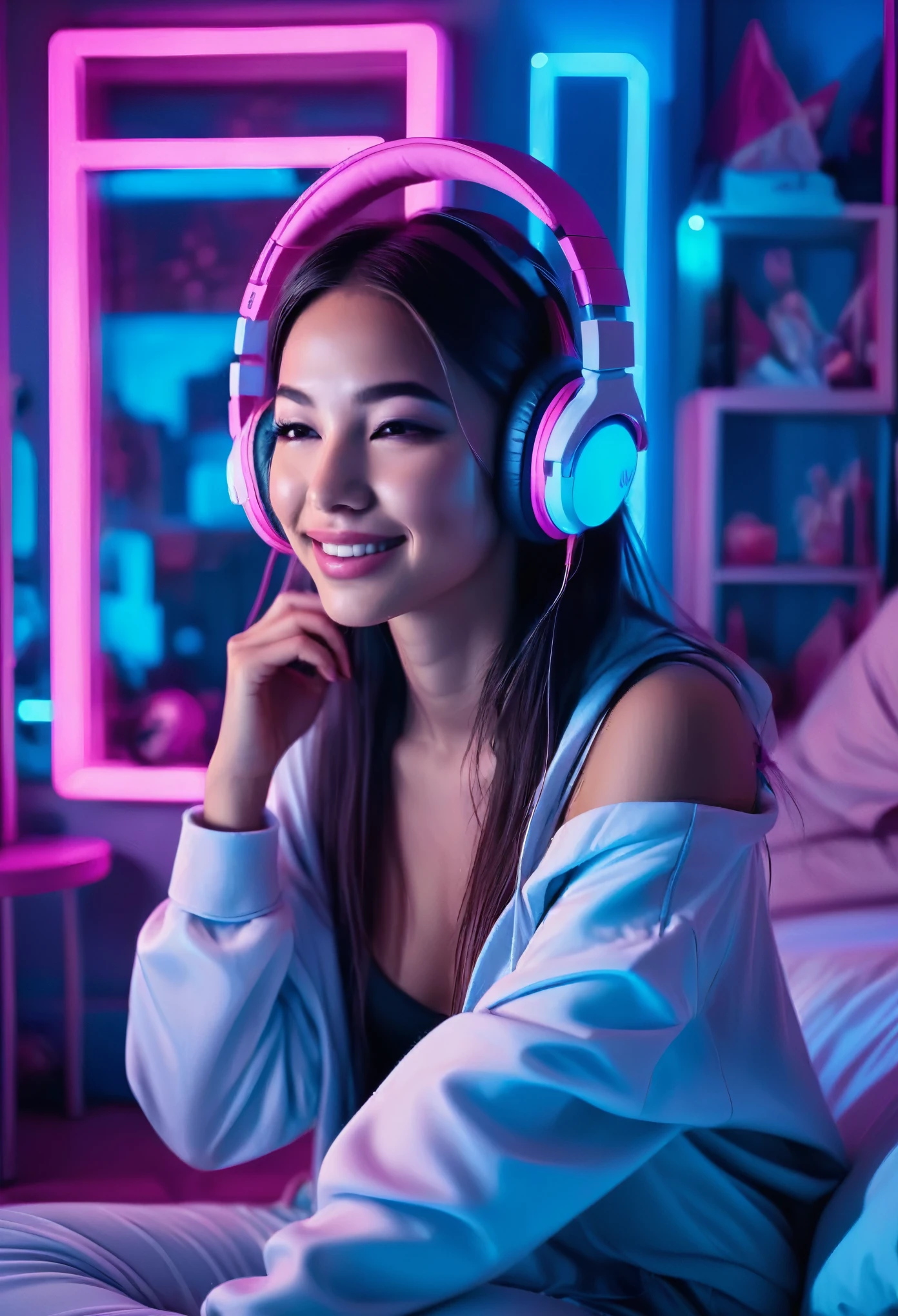 image of a beautiful girl with a beautiful smile and closed eyes sitting in the lotus position on the bed inside an apartment bedroom with pink and blue neon lights and a window that shows buildings outside, She wears headphones over her ears and is facing the window