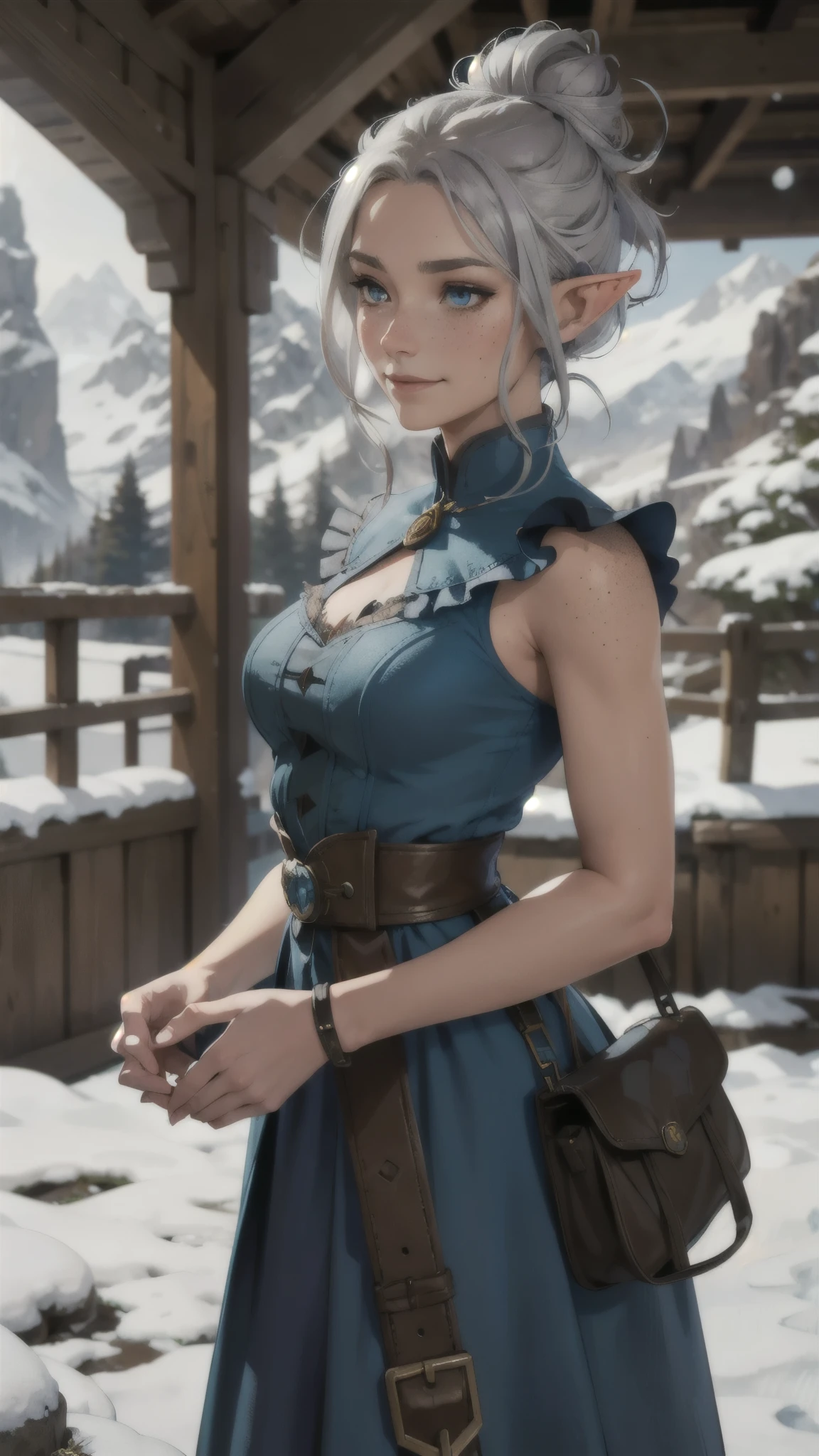 steampunk beautiful elf, silver hair in a messy bun, detailed face, light freckles, smirk, blue brown fur dress, early morning, snowy mountains, depth of field, blurry background
