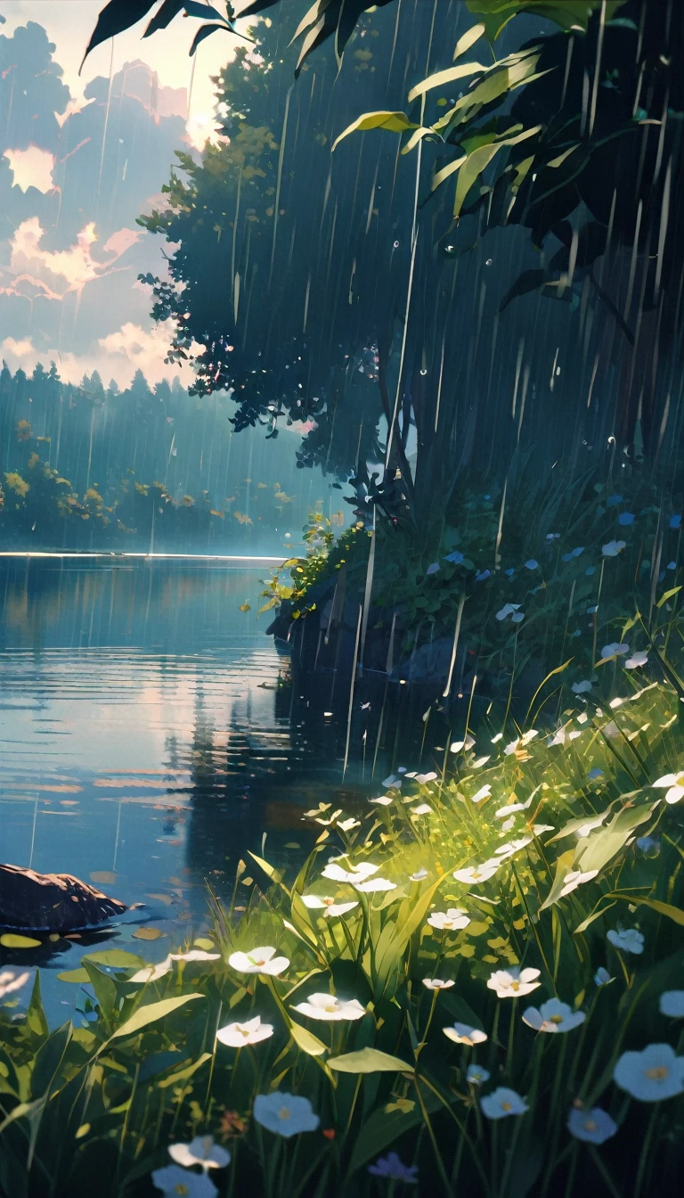 (8K, RAW photos,best quality,masterpiece: 1.4), (((The moderate rain is pouring down))),Ultra-high resolution, Extremely detailed, light, Raindrops close-up,Lake,High-quality shadows,Natural Lighting, (white highlights:1.2),daytime, cloudy day, (Lake荡起一圈圈涟漪:1.2),(unmanned:1.2)