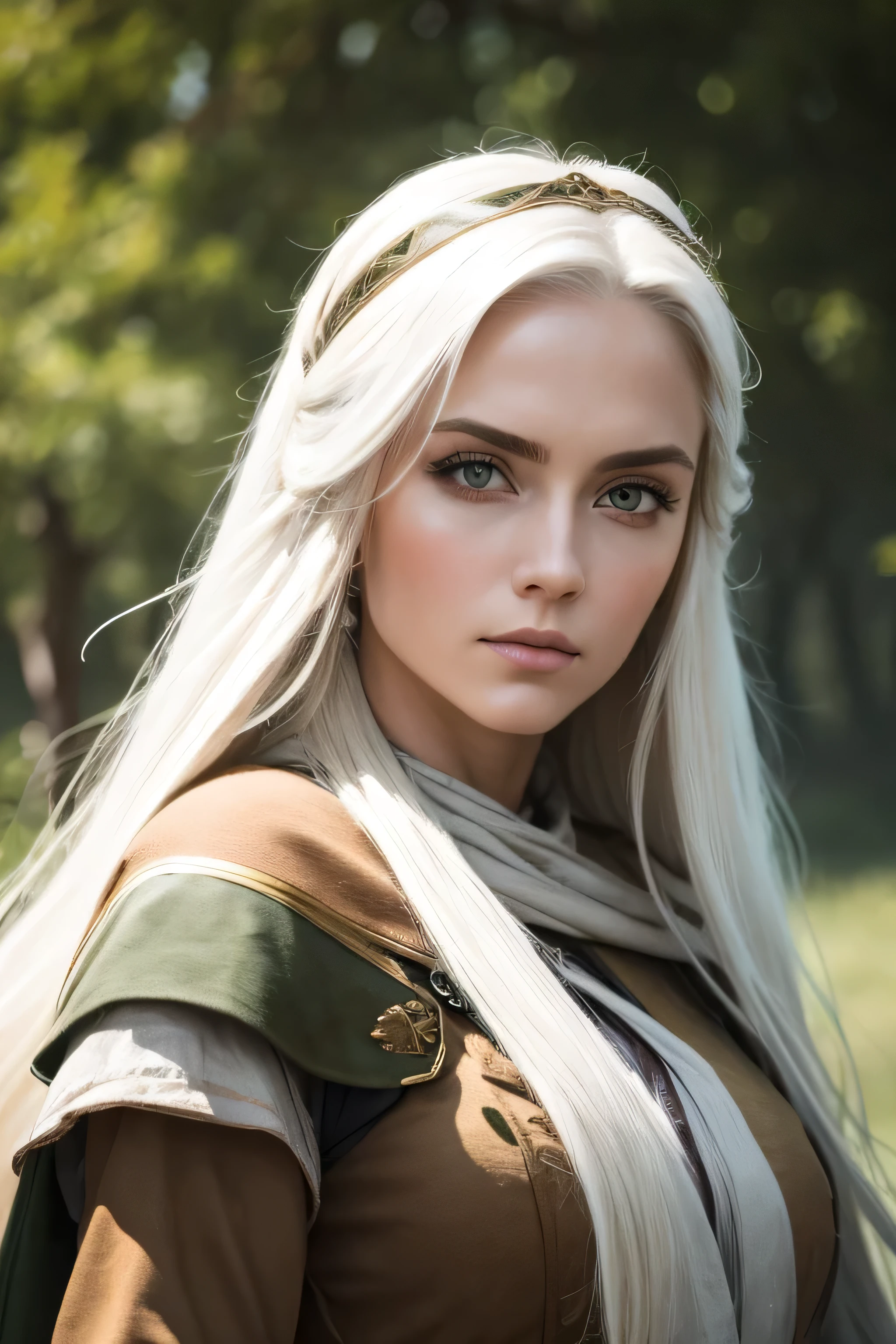 1 female medival ranger, long white hair, plain cloth, 25 years old, absurdres, high res, ultrasharp, 8K, masterpiece, the image should be of absurd resolution and high detail. It should be ultra-sharp and available in 8K resolution, representing a masterpiece in image quality.
