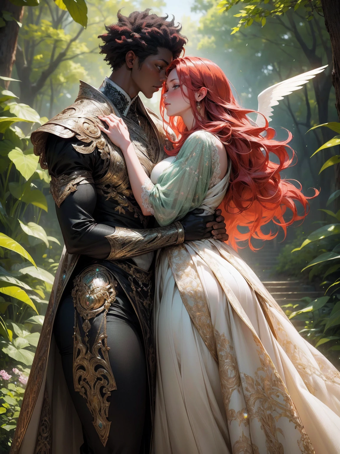 {-erro_de_anatomia:1.0}(best quality,4k,8k,highres,masterpiece:1.2), ultra-detailed, (realistic,photorealistic,photo-realistic:1.37), mature milf, illyasviel von einzbern, redhead hair, upper body, vibrant colors, glowing skin, mesmerizing eyes, brown eyes, elegant pose, enchanting background, delicate lace dress, green dress, surreal lighting, ethereal atmosphere, mystical aura, intricate details, artistic medium, digital illustration, fantasy, anime, walking on nature, kissing a beautiful black man