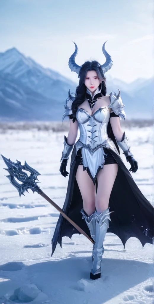 an ice female demon、Standing in the frozen snow field、Witch wearing pale armor, ((sexy costume:1)), SEXY female devil,