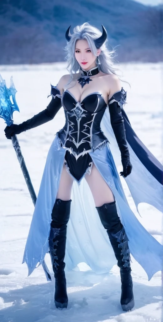 an ice female demon、Standing in the frozen snow field、Witch wearing pale armor, ((sexy costume:1)), SEXY female devil,