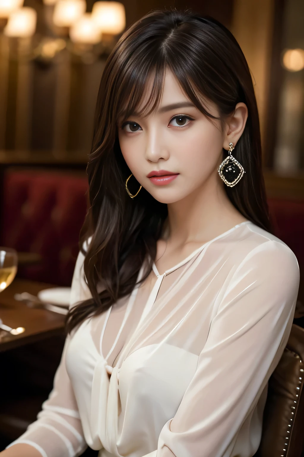 masterpiece, highest quality, Realistic, Very detailed, Finer details, High resolution, 8k wallpaper, One beautiful woman, Wear an elegant black see-through blouse, In a great restaurant, At night, Light brown shaggy haircut, Perfect dynamic composition, Beautiful and beautiful eyes、Big earrings