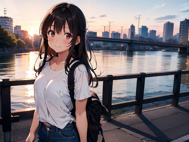 shiho Nishizumi,BlueTshirt,Jeans pants,Semi-long hair,Ashime Hair,Brown Hair,Black Eyes,Big Breasts,Smiling expression,blush,from the front,Sunburn,Sunset view,Broken posture,Urban area,On the way home,At least one backpack,slightly muscular,Beautiful image quality,