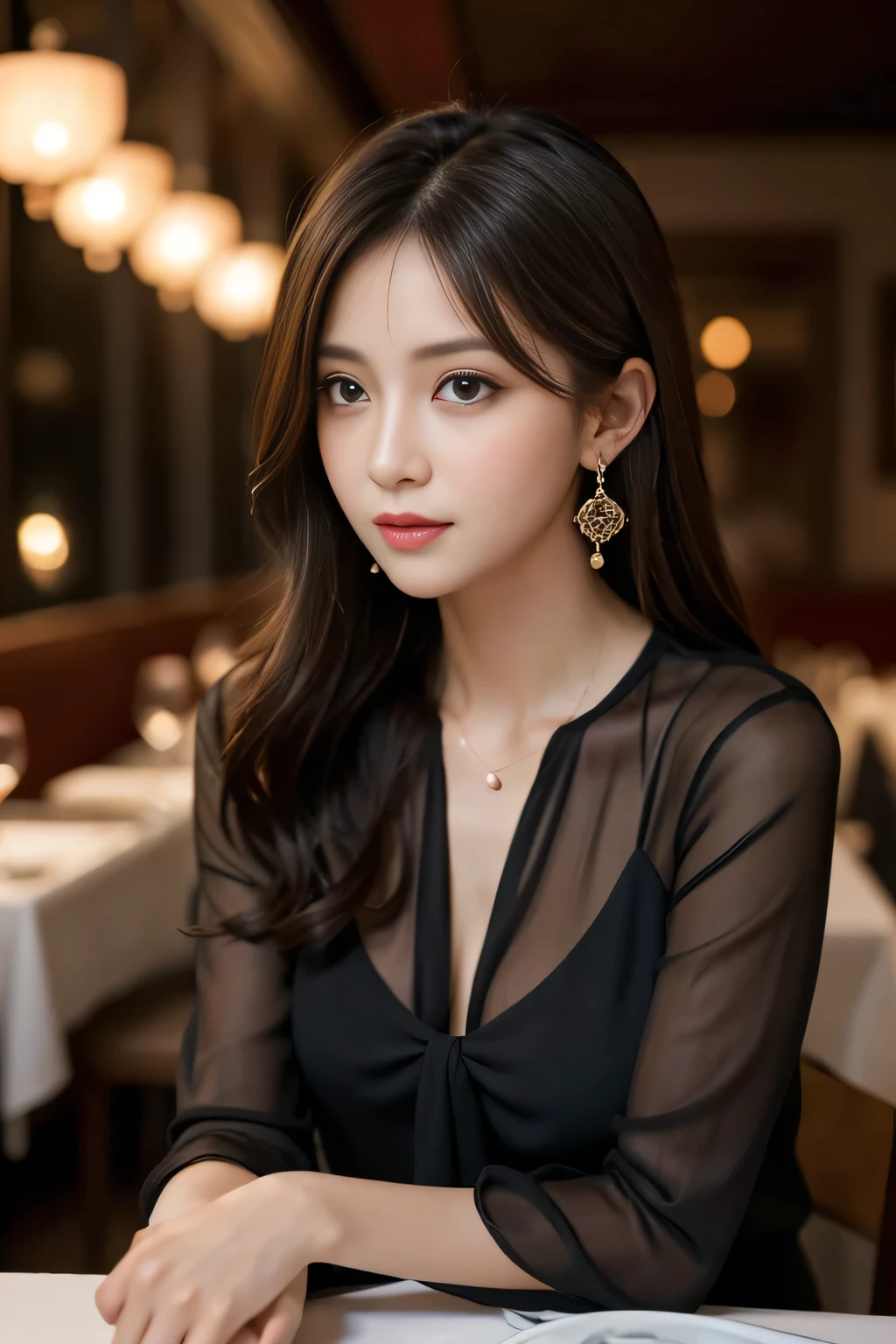 masterpiece, highest quality, Realistic, Very detailed, Finer details, High resolution, 8k wallpaper, One beautiful woman, Wear an elegant black see-through blouse, In a great restaurant, At night, Light brown shaggy haircut, Perfect dynamic composition, Beautiful and beautiful eyes、Big earrings