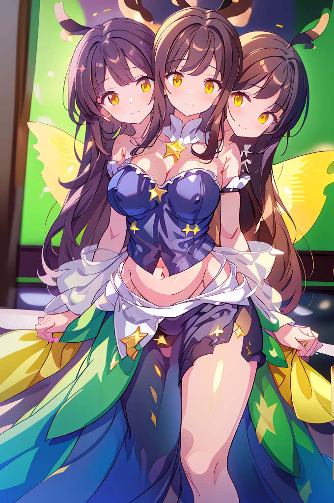 (masterpiece, best quality), best quality, (ultra-detailed), (3heads:1.5), 1girl, (star sapphire:1.3), masterpiece, best quality, ultra quality, ultra resolution, ultra detail, white top, crop top, ((stomach)), midriff, ((groin)), open midriff, white and blue skirt, miniskirt, normal ears, shackles, dark brown hair, very long hair, wavy hair, sidelocks, yellow eyes, detailed eyes, parted lips, fairy wings, sweat, cute, open belly, toned belly, hand on own chest, eyelashes, (24 year old woman:1.3), (masterpiece:1.5), (best quality:1.5), (beautiful detailed), extremely detailed CG, extremely delicate and beautiful, depth of field, (finely detailed face), (perfect details:1.2), ( female:1.3), wide pelvis, slender, large veiny breastresolution, highres, high quality, high definition, extremely detailed, masterpiece, dark brown hair, long hair, alluring presence, braid, short skirt, miniskirt, close up, big tits, yoe ribbon attached to the hair, butterfly-shaped winopen belly, midriff, nsfw, bare stomach, girl with three heads,