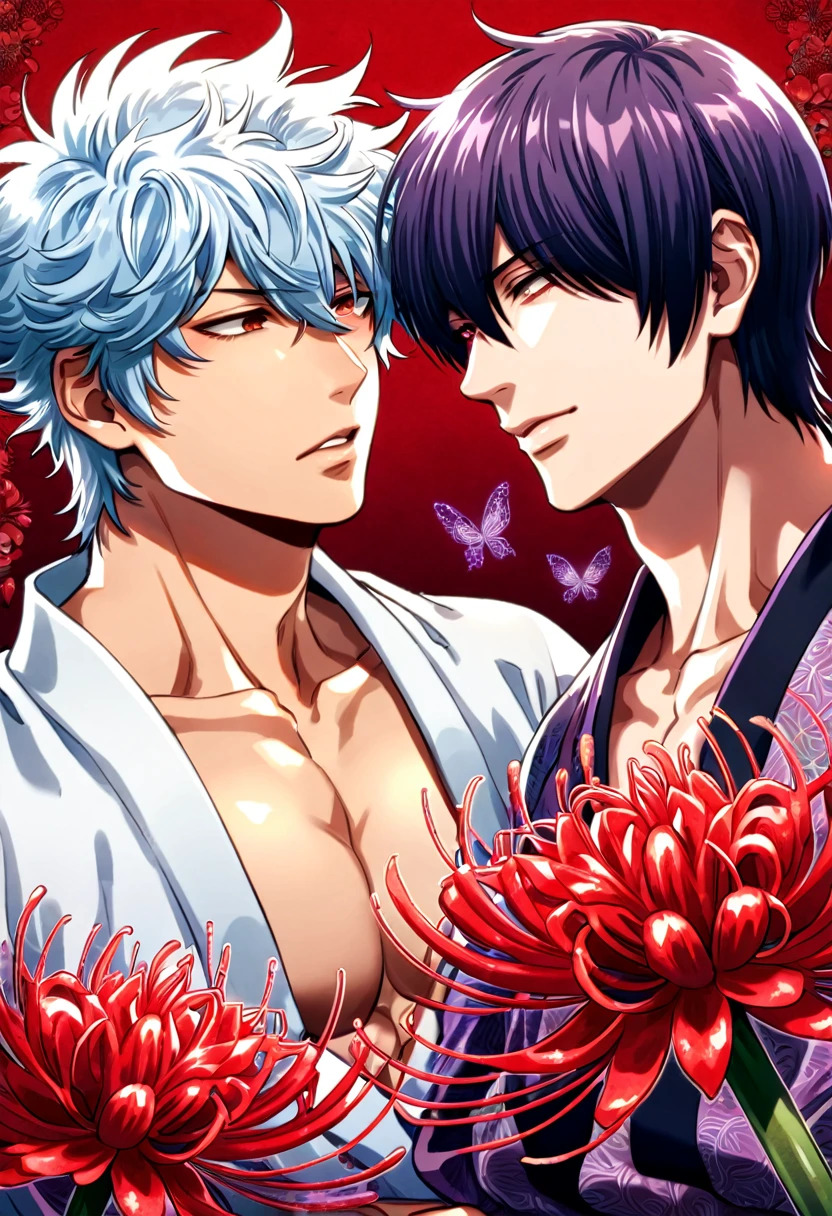 absurdres, highres, ultra detailed, HDR, master piece, best quality, Takasugi Shinsuke, dark purple hair, hair over the left eye, expressive brown eyes, Gintama, Sakata Gintoki, white hair, expressive red eyes, two men together, gay couple, yaoi, handsome, toned chest, white kimono, purple kimono, patterns, magical, fantasy, red background, red spider lilies, shining, red petals, red sparkling butterflies, red water