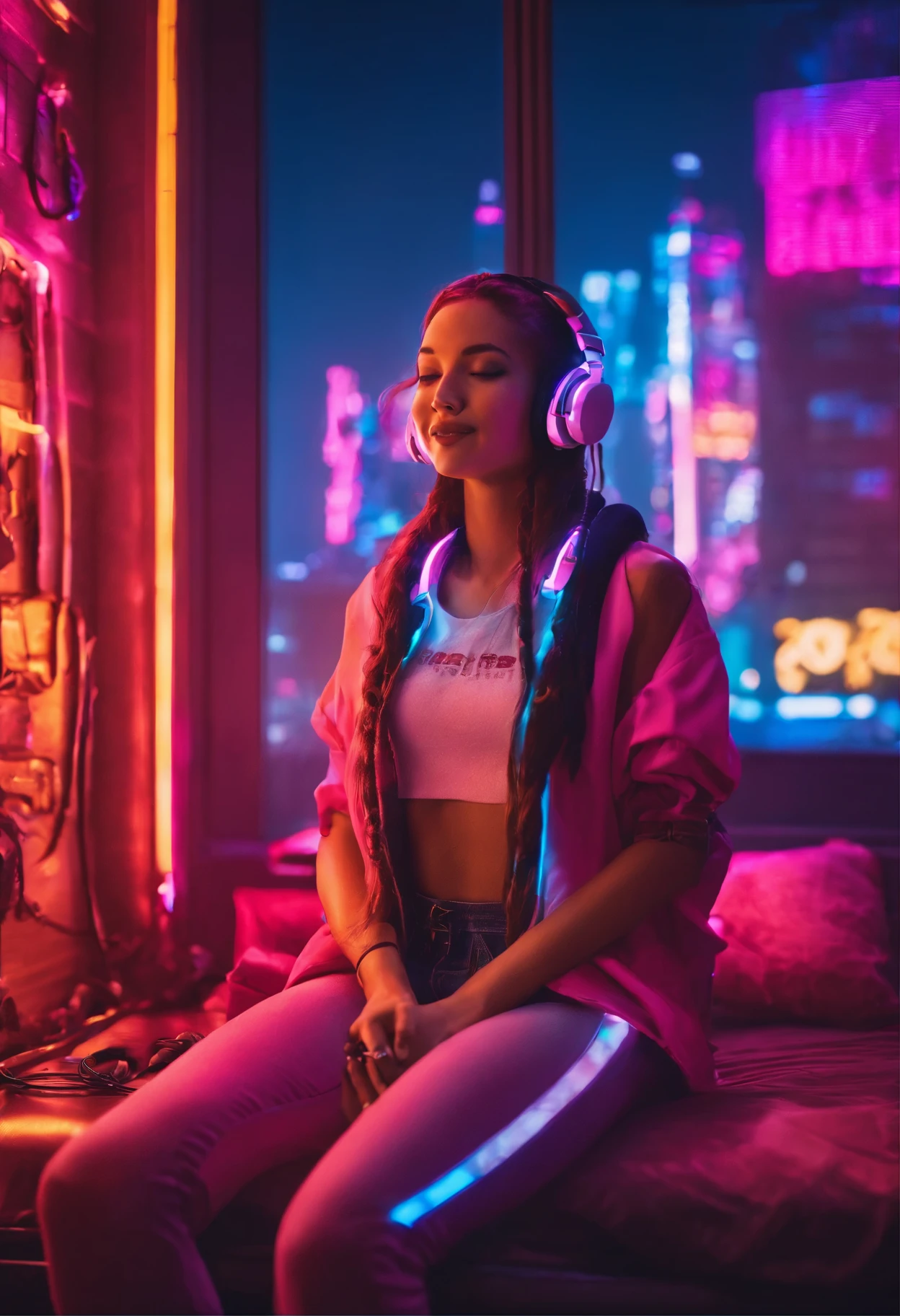 image of a beautiful girl with a beautiful smile and closed eyes sitting in the lotus position on the bed inside an apartment bedroom with pink and blue neon lights and a window that shows buildings outside, She wears headphones over her ears and is facing the window