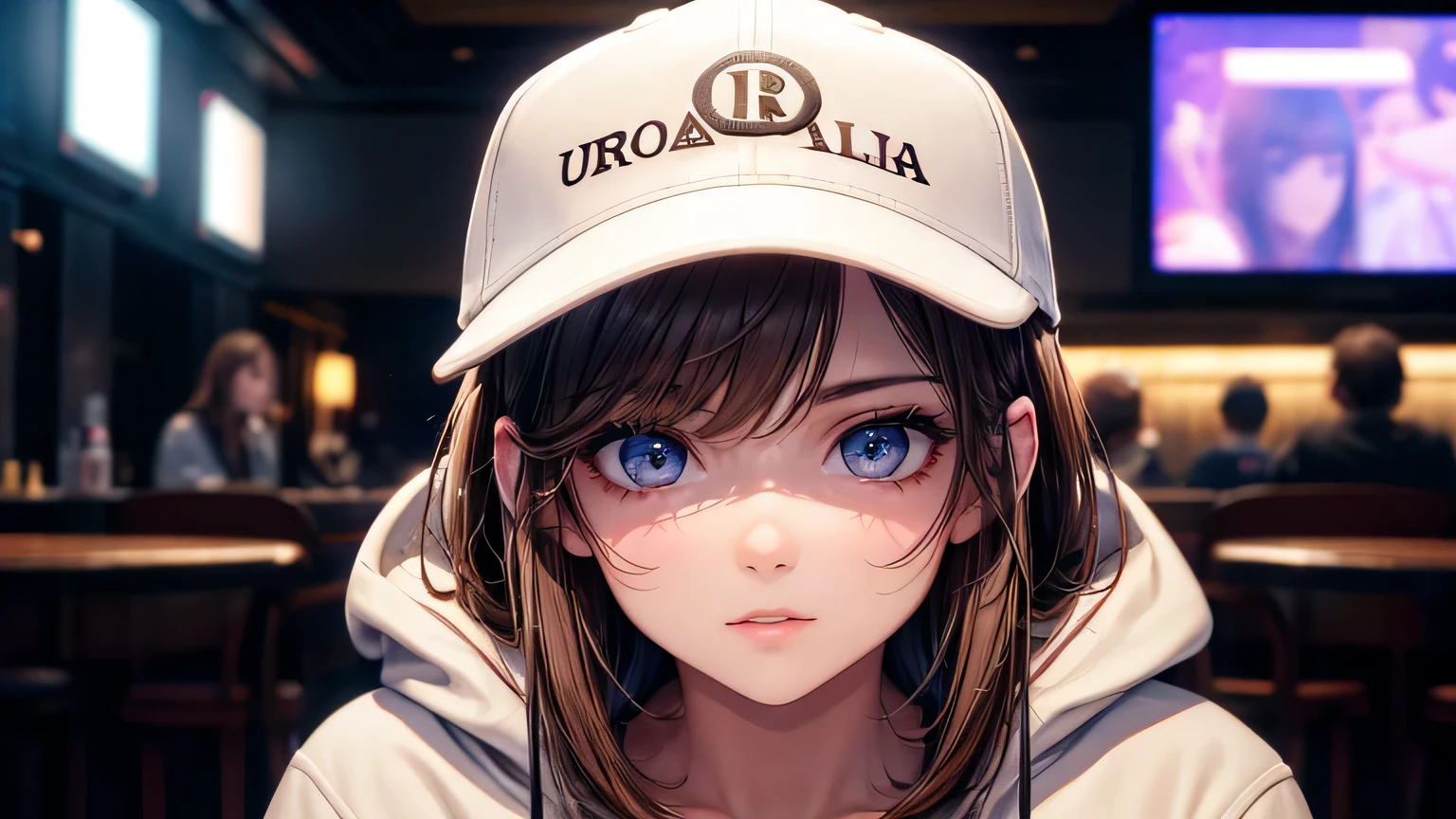 One adult woman : 1.3, Light brown hair: 1.2, , night: 1.2,In a fashionable bar: 1.1, Cinema Lighting, Ultra-high resolution, Accurate, Super detailed, Textured skin, High detail, highest quality, 8k,Thin bangs,Upper Body,Thick body, Well-drawn eyes,Stylish oversized hoodie,plain baseball cap,Detailed hair depiction,Detailed depiction of eyes,Detailed depiction of hair,