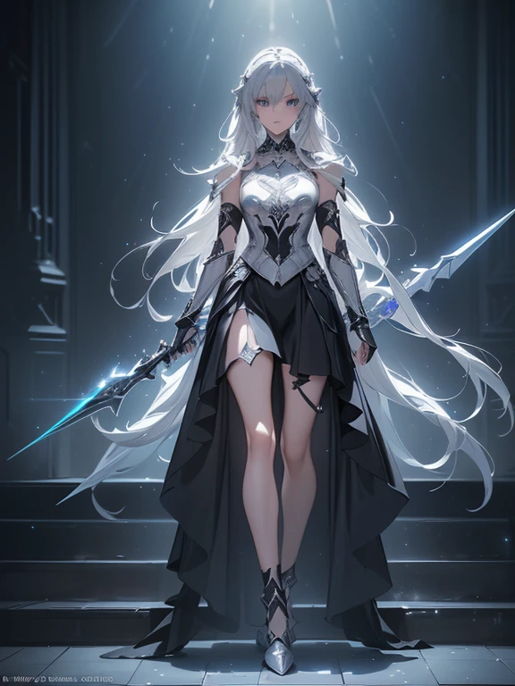 Design a layout showcase Gaming character, (1girl). Black+Silver clothes, stylish and unique, ((showcase weapon:1.4)), celestial spear, (masterpiece:1.2), (best quality), 4k, ultra-detailed, (Step by step design, layout art:1.5), (luminous lighting, atmospheric lighting), angel, ((glove full hands)), (((revealing clothes:1.3))), vambraces, celestial armor legwear, (((full_body_shot:1.4))).