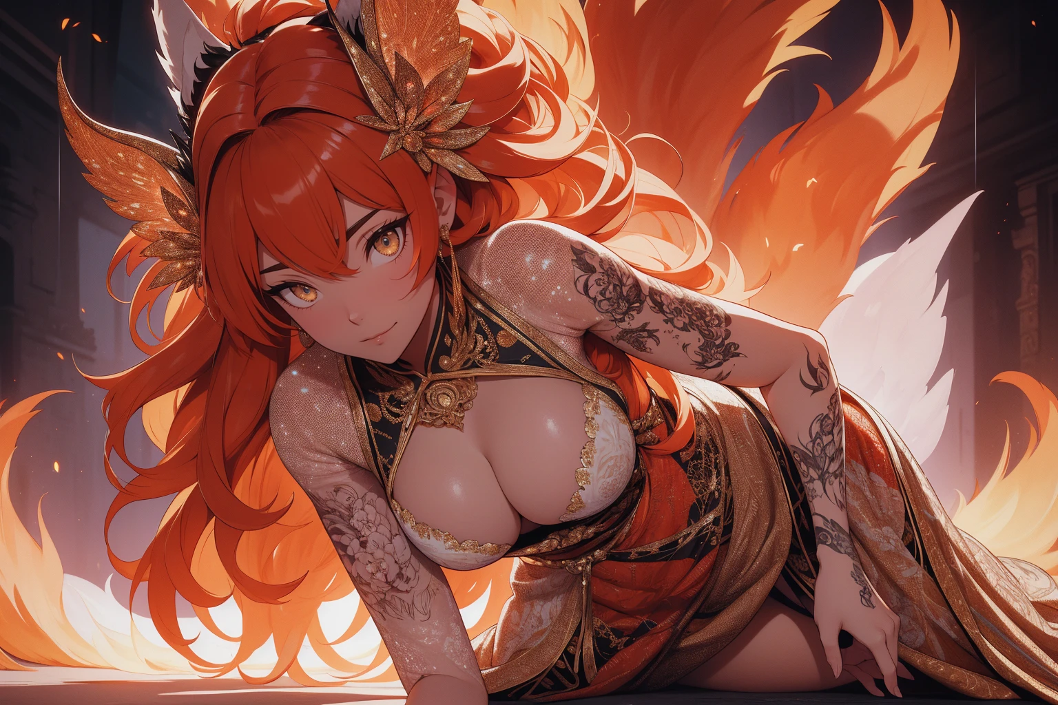 REALISTIC VISION 1.4, BETTER VAE,sharp focus, ultra detail, 32k,realistic photo, intricate details, kitsune, orange hair, oranfe eyes, intricate details ,woman, nine tails,intricate details,intricate details,big , Voluptuous body, intricate details, Miko,clothes long white dress with red details intricate details,tattoos intricate details,full body, crawling on the ground, backwards, looking back