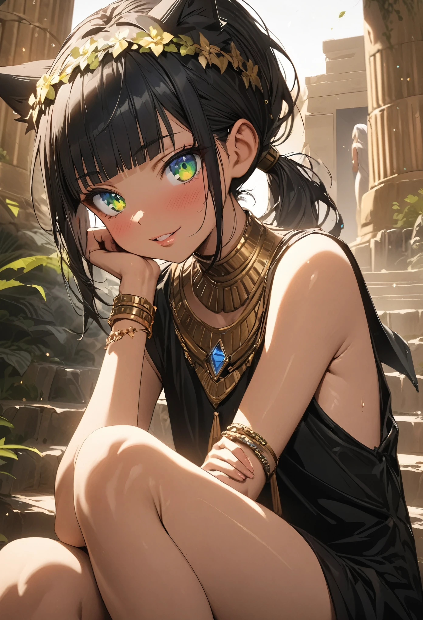 ((Masterpiece)), (Anime:1.3), ((best quality)), (super detail:1.2), (High Definition:1.3), (Professional Photography:1.2), (sharp focus), (perfect light), ((12 years old)), Textured skin, cinematic lighting, Very pretty Egyptian girl, (nervous smile), Egyptian Priest Clothes, (Healthy slim body), dark green eyes, (Beautiful diamond eyes:1.5), (put on cat ears), ((loose ponytail)), black hair, (loose blunt bangs),((glossy lips)), (head wreath), light particles, Slender body, dark skin, (Healthy skin), (Fine gemstone bracelets), eyeliner, emo, (perfect hands), BREAK, ((best quality)), (super detail:1.2), Beautiful armpit, (sitting on the stairs), outside the Egyptian Temple, (ancient ruined overgrown),