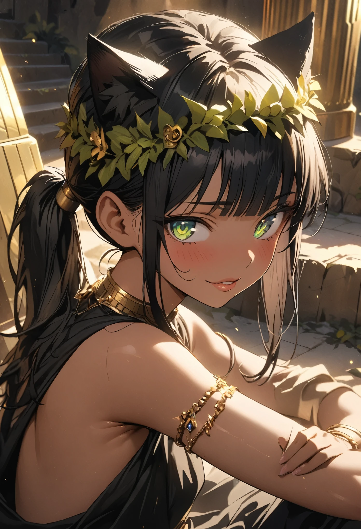 ((Masterpiece)), (Anime:1.3), ((best quality)), (super detail:1.2), (High Definition:1.3), (Professional Photography:1.2), (sharp focus), (perfect light), ((12 years old)), Textured skin, cinematic lighting, Very pretty Egyptian girl, (nervous smile), Egyptian Priest Clothes, (Healthy slim body), dark green eyes, (Beautiful diamond eyes:1.5), (put on cat ears), ((loose ponytail)), black hair, (loose blunt bangs),((glossy lips)), (head wreath), light particles, Slender body, dark skin, (Healthy skin), (Fine gemstone bracelets), eyeliner, emo, (perfect hands), BREAK, ((best quality)), (super detail:1.2), Beautiful armpit, (sitting on the stairs), outside the Egyptian Temple, (ancient ruined overgrown),