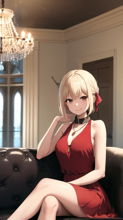 masterpiece, best quality, highres, bbchisato, short hair, hair ribbon, medium breasts, collar, necklace, jewelry, halterneck, cleavage, red dress, sleeveless dress, indoors, chandelier, sitting, sofa, crossed legs, smile