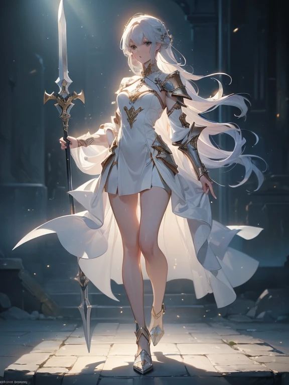 Design a layout showcase Gaming character, (1girl). White+Gold clothes, stylish and unique, ((showcase weapon:1.4)), holy hammer, (masterpiece:1.2), (best quality), 4k, ultra-detailed, (Step by step design, layout art:1.5), (luminous lighting, atmospheric lighting), paladin, ((glove full hands)), (((revealing clothes:1.3))), vambraces, heavy armor legwear, (((full_body_shot:1.4))).