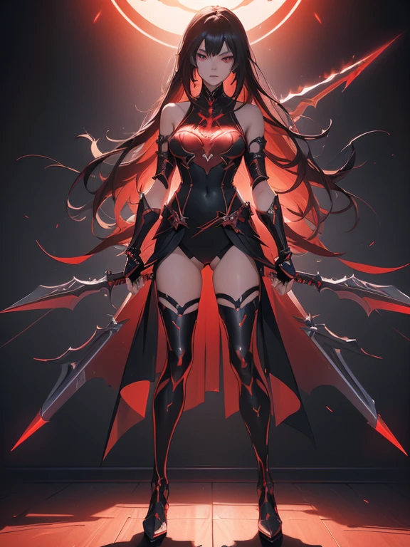 Design a layout showcase Gaming character, (1girl). Red+Black clothes, stylish and unique, ((showcase weapon:1.4)), flaming sword, (masterpiece:1.2), (best quality), 4k, ultra-detailed, (Step by step design, layout art:1.5), (luminous lighting, atmospheric lighting), demon, ((glove full hands)), (((revealing clothes:1.3))), vambraces, armored legwear, (((full_body_shot:1.4))).