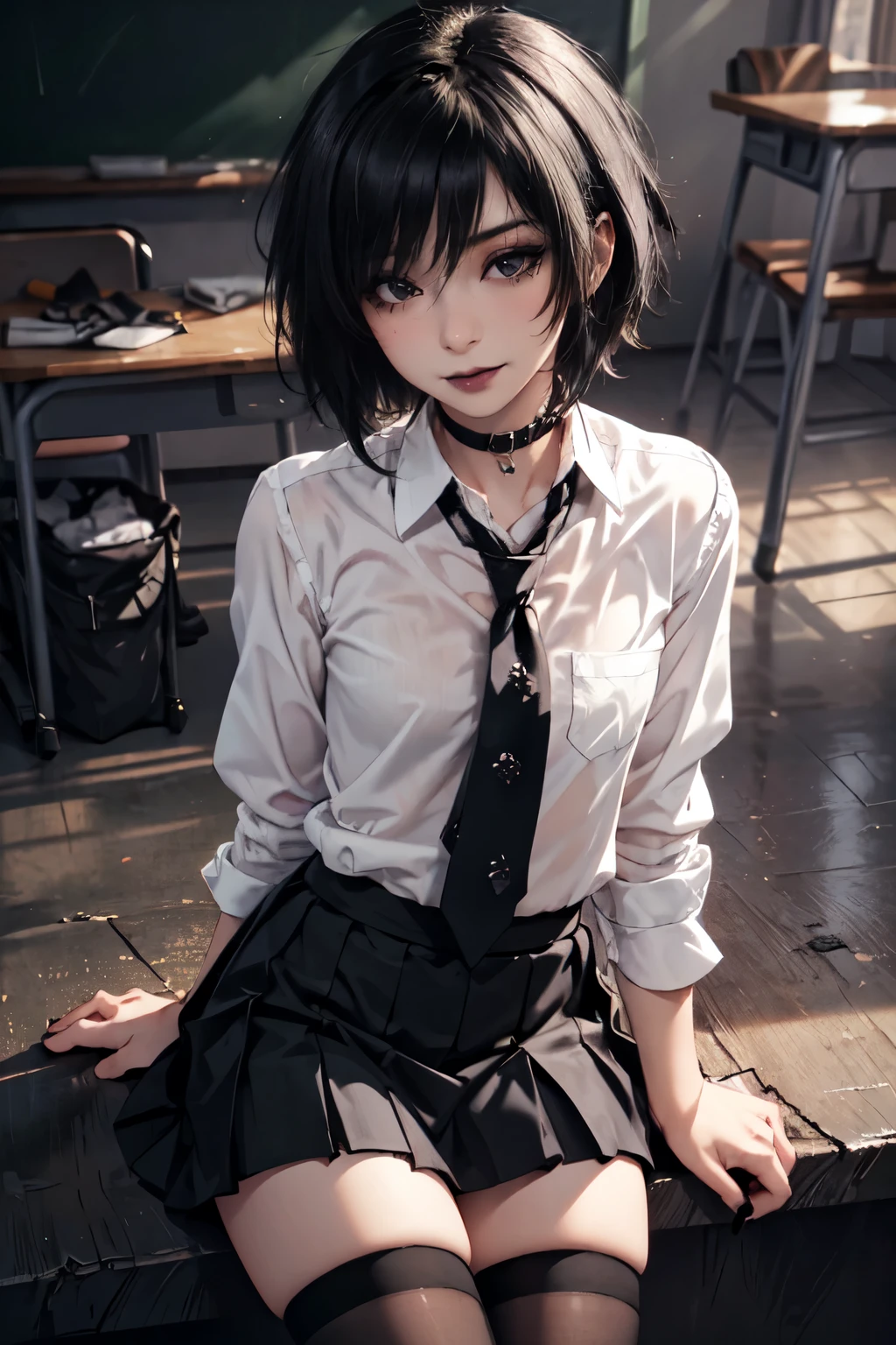 1girl, woman, emo_hairstyle, black lipstick, dog collar, eyeliner, eye shadow, smoky eyes, realistic lighting, school, shirt , necktie, skirt, black tighhighs, short hair, flat chest, shiny skin, smug, smirk.