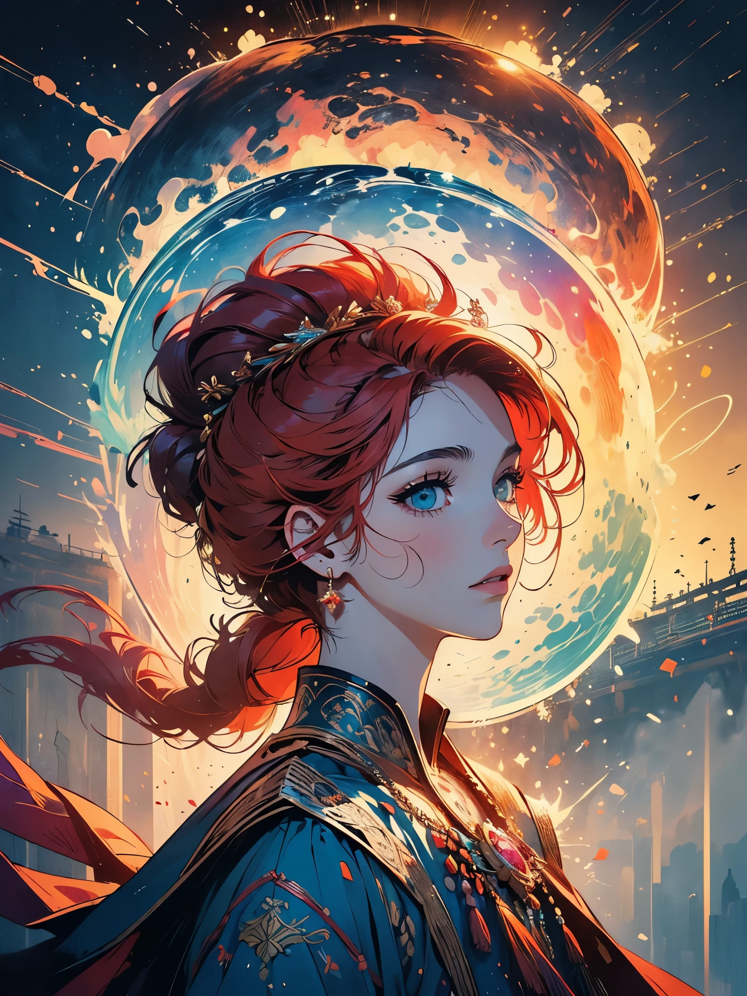(Obra de arte:1.4), (melhor qualidade:1.4), extremamente detalhado, intricado, hiper detalhado, (rosto perfeito), illustration,soft lighting, scenic, 1 garota, feliz, Vivid red hair, Colorida, colorido, de_abaixo ,peixe_costume , Stadium