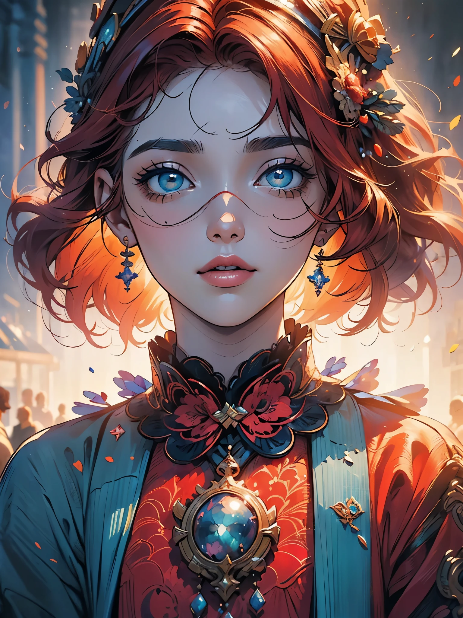 (Obra de arte:1.4), (melhor qualidade:1.4), extremamente detalhado, intricado, hiper detalhado, (rosto perfeito), illustration,soft lighting, scenic, 1 garota, feliz, Vivid red hair, Colorida, colorido, de_abaixo ,peixe_costume , Stadium