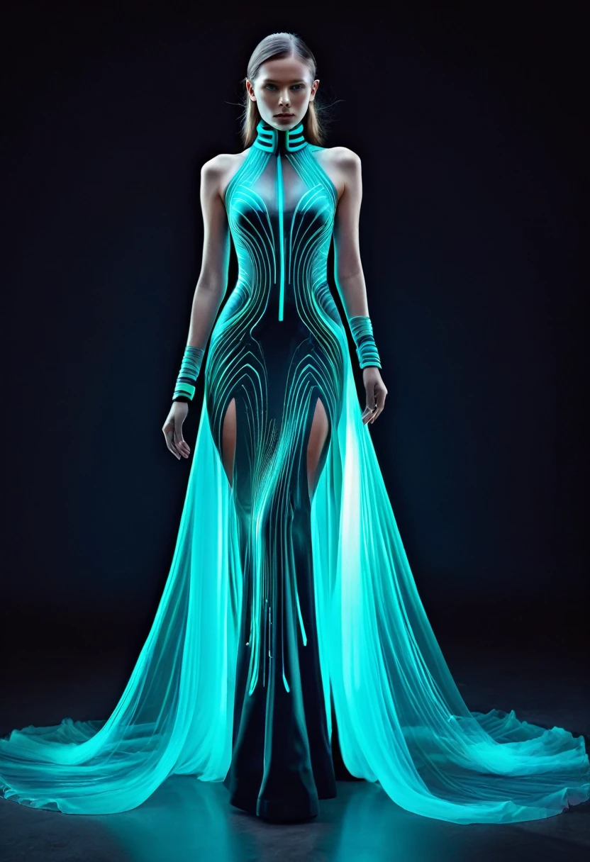 advance hi-tech futuristic bioluminescent haute couture fashion, sophisticated fashion style, complex style, photo model, high collar fashion, long dress, side angle view, long body torso, high pose, translucent color, epic realism, UHD, ultra detailed, head to toe photo,