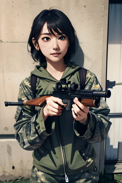 survival game、Camouflage、survival gameのフィールド、A beautiful girl is holding a rifle、head to waste、
