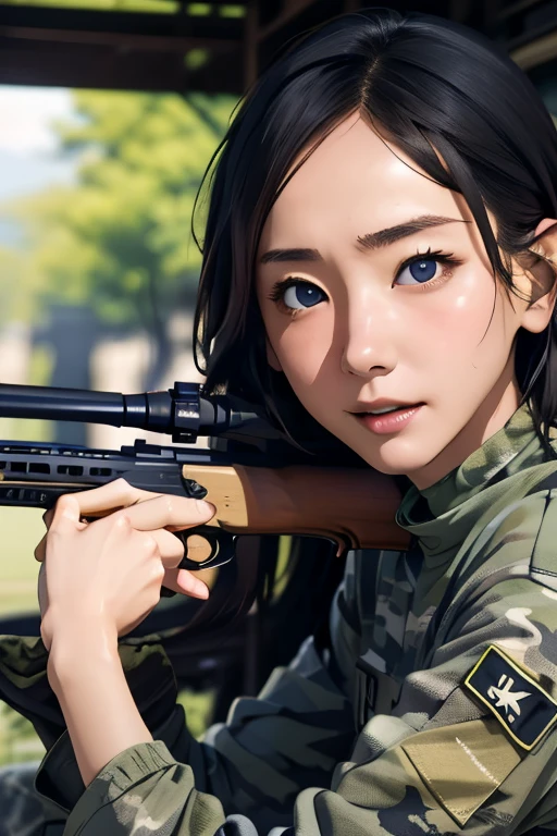 survival game、Camouflage、survival gameのフィールド、A beautiful girl is holding a rifle、head to waste、