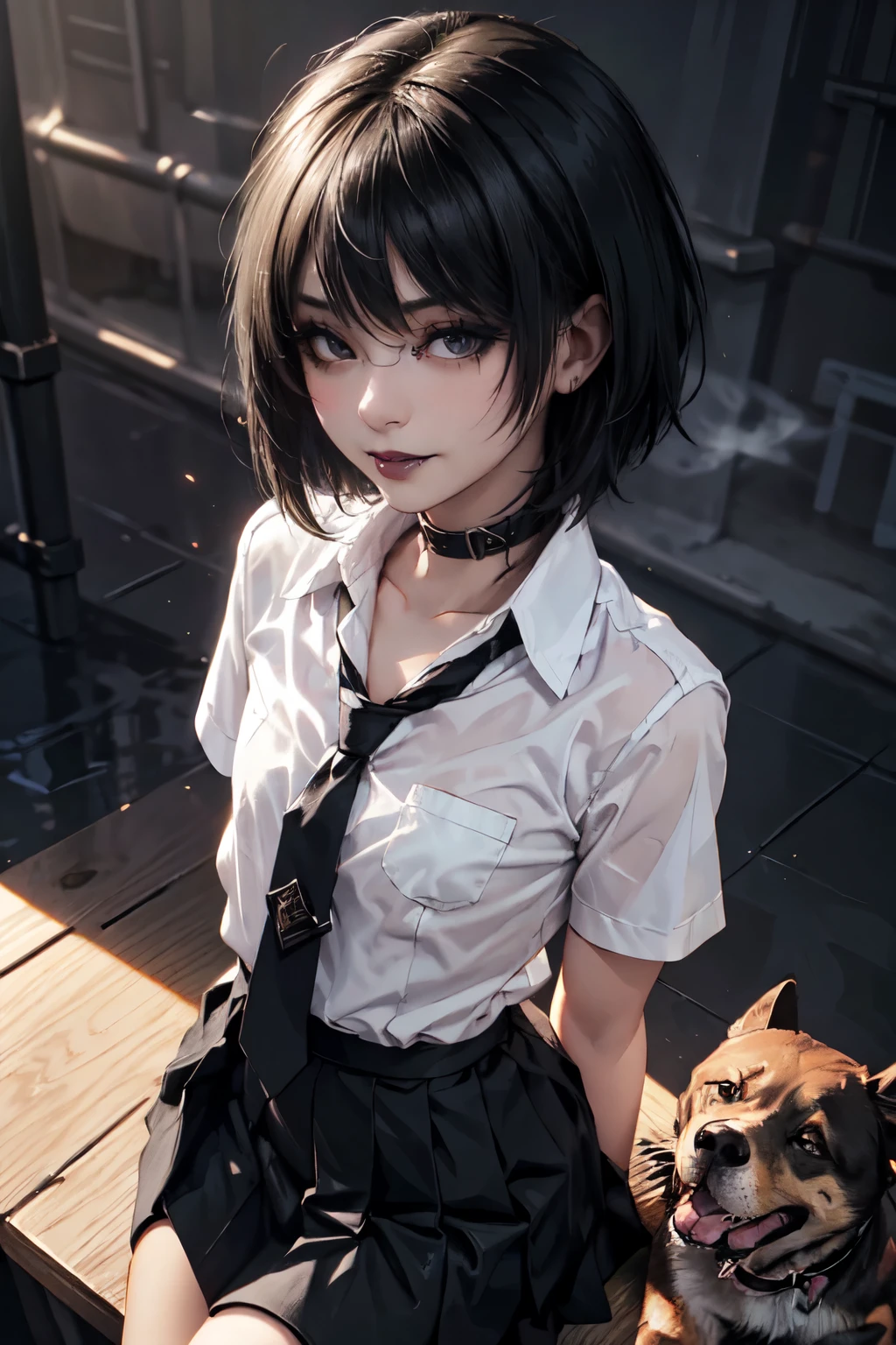 1girl, woman, emo_hairstyle, black lipstick, dog collar, eyeliner, eye shadow, smoky eyes, realistic lighting, school, shirt , necktie, skirt, black tighhighs, short hair, flat chest, shiny skin, smug, smirk.