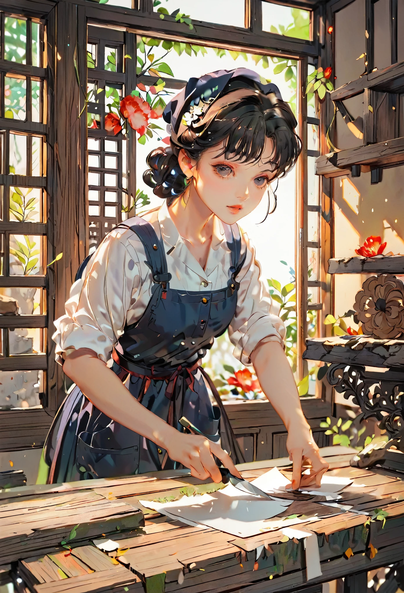 (((paper cutting style))), 1 girl, short black hair, Carpenter's work uniform, cap, cutting old wood material